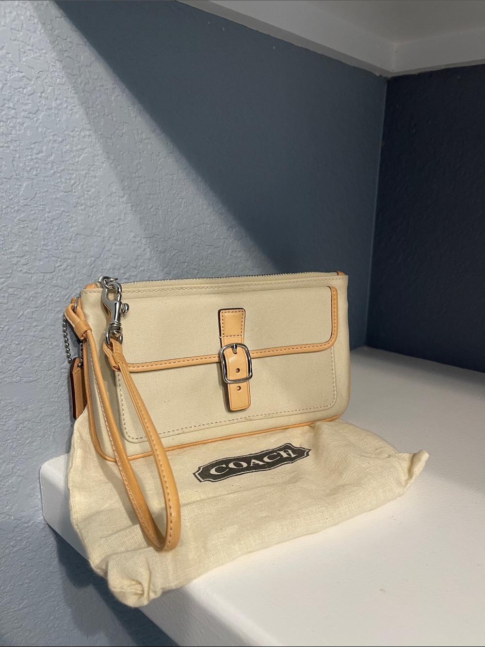 Coach Cream Leather Wristlet with Tan Trim